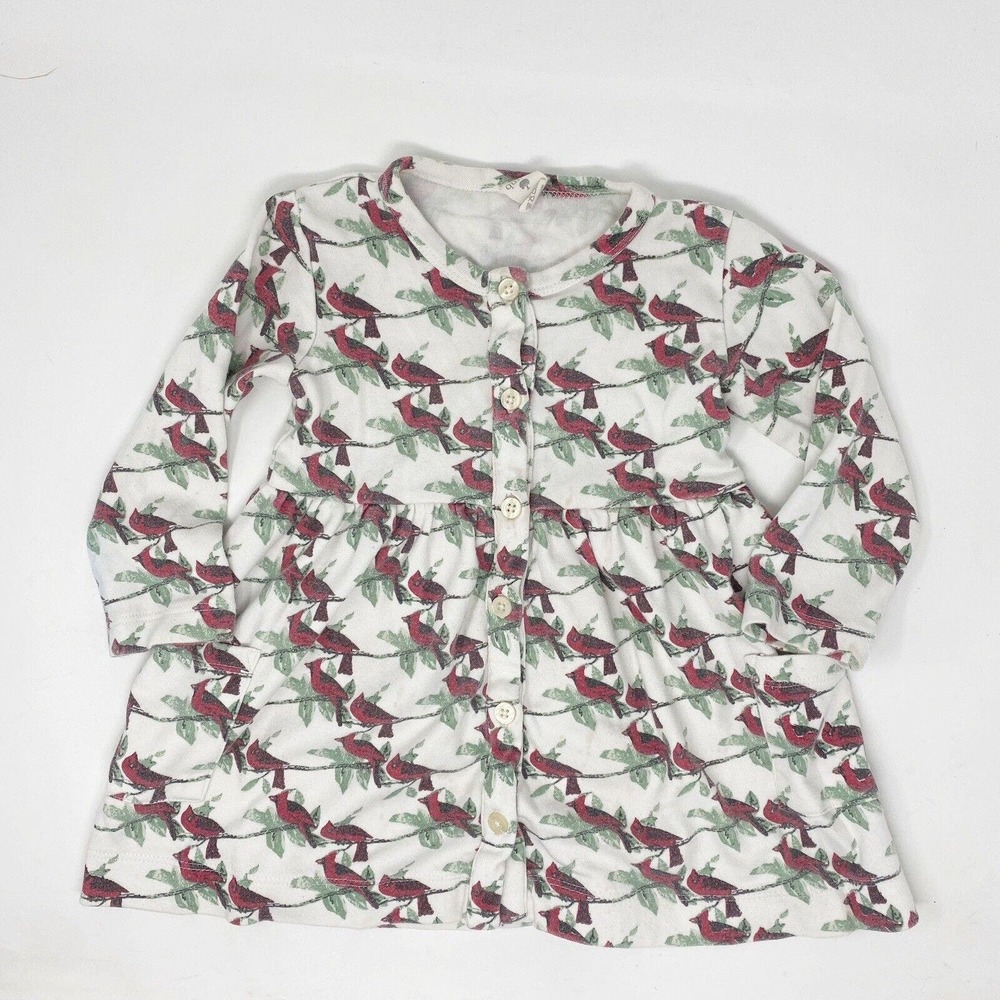 Kate Quinn Long Sleeve Button Front Dress White Red Cardinal Birds 18-24 Mo